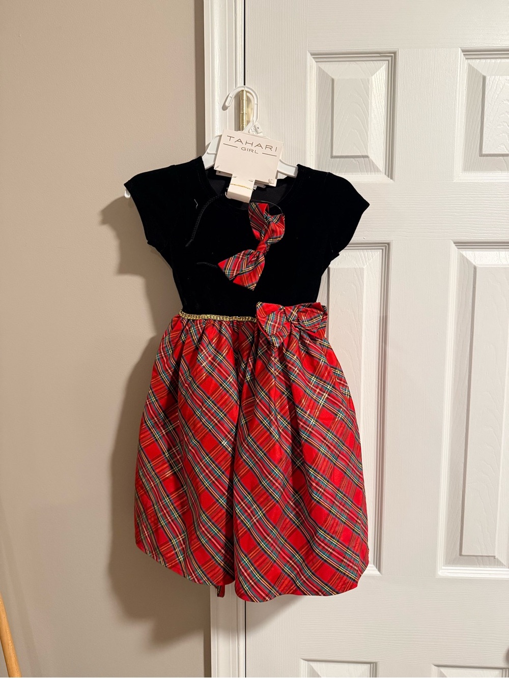 Tahari Girl Black Top Red Plaid Holiday Dress